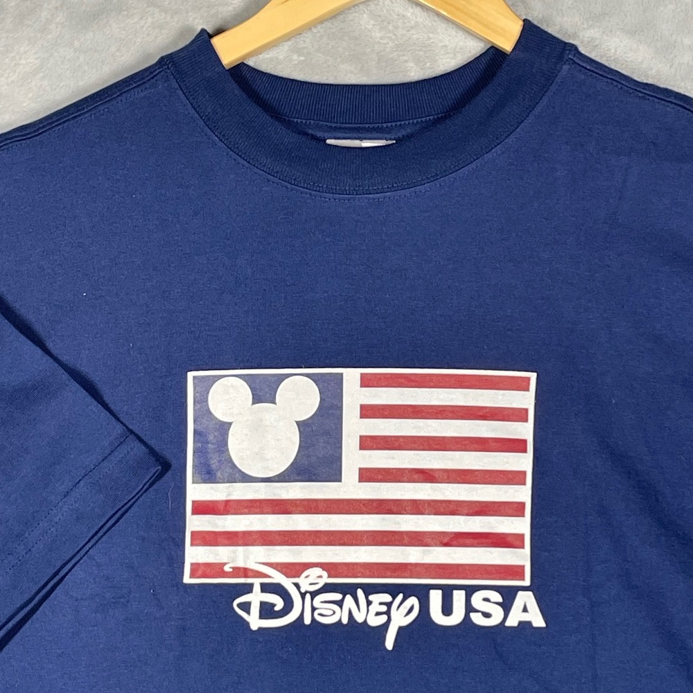 Disney USA Mickey Mouse American Flag T Shirt Adult Large Navy Blue Cotton